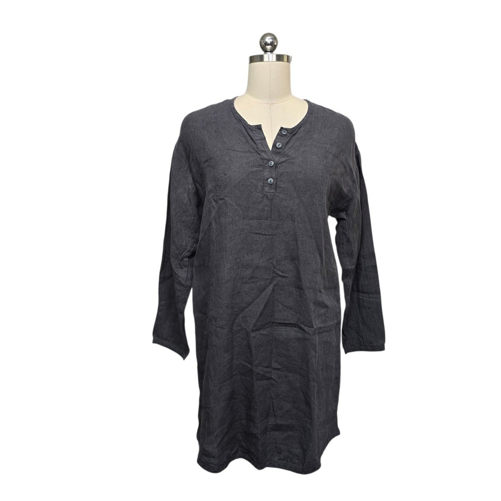 Parachute Womens Small Charcoal Gray 100% Linen Long Sleeve Henley Tunic Dress